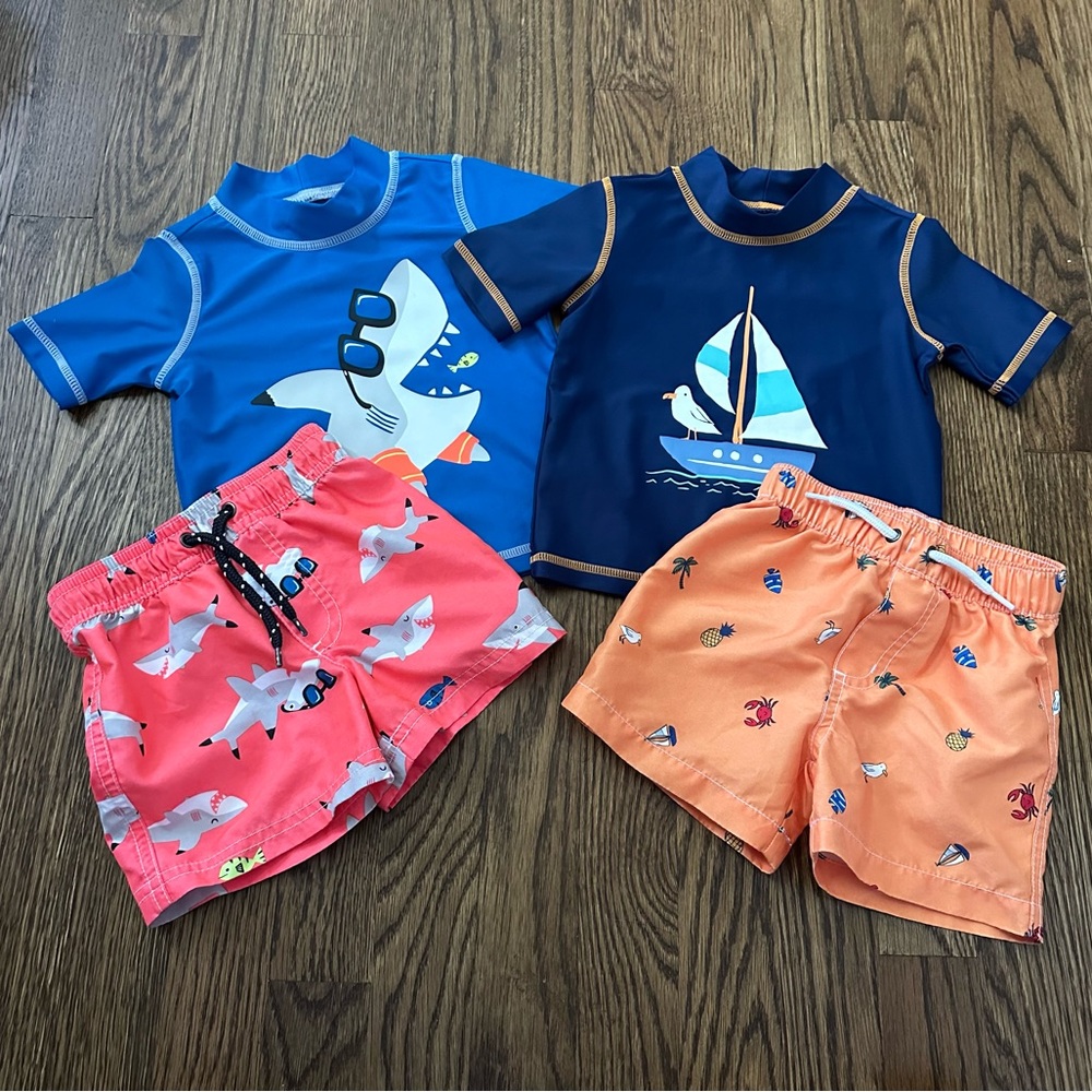 Carter’s Short Sleeve Rash Guard and Swim Trunks bundle, size 12M (4 pieces)